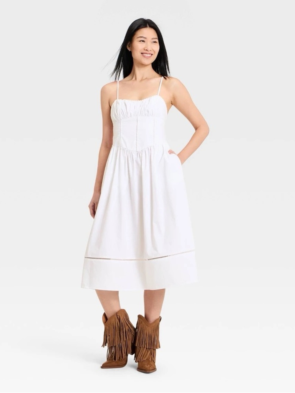NEW Women's white medium cotton Corset MIDI Dress with pockets- a New Day